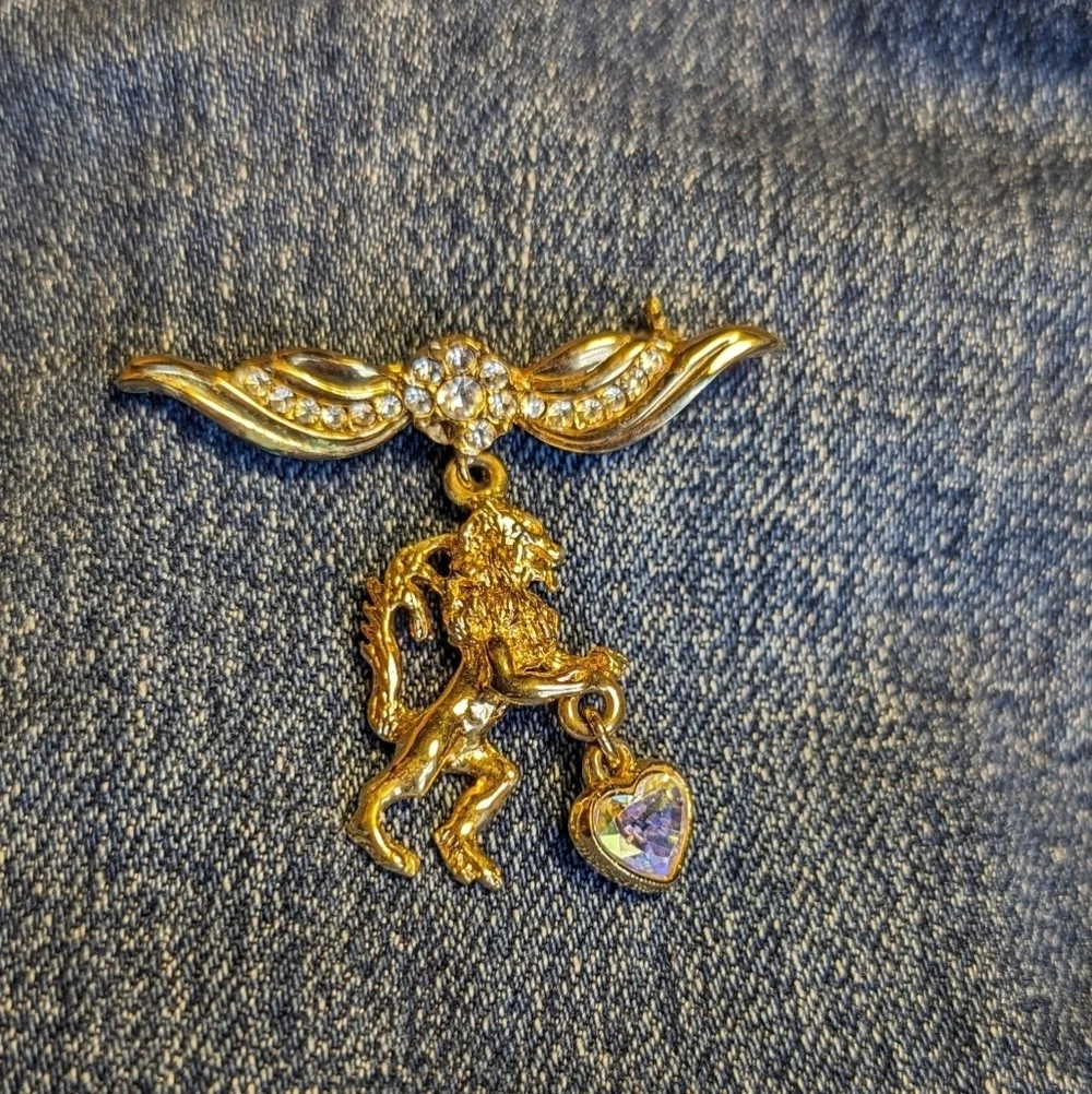 Lion Angel Gryffin pin brooch rhinestone 10k gold plated Mystical Magical Royal